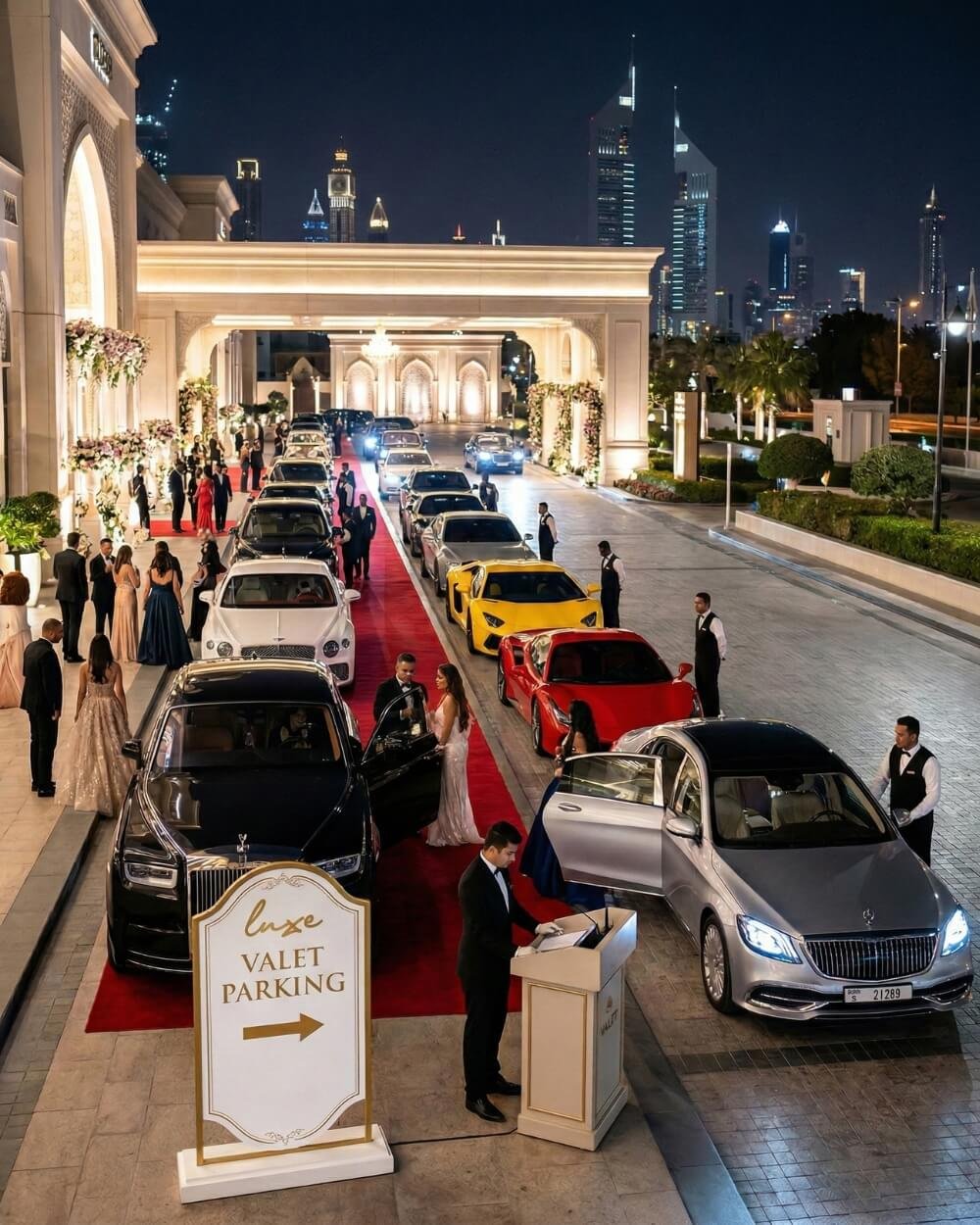 Luxury cars valet parking at wedding in Dubai